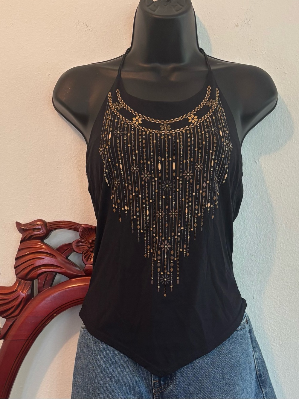 Vintage Y2K Boho Black Stretchy Halter with Gold Printed Fringe Detail
